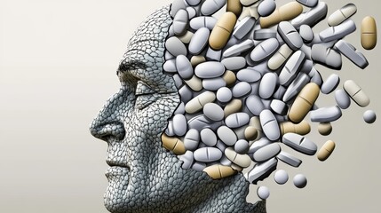 A striking 3D illustration depicting the opioid epidemic as a devastating medical crisis, where prescription painkillers threaten a patient's health and highlight the dangers of addiction