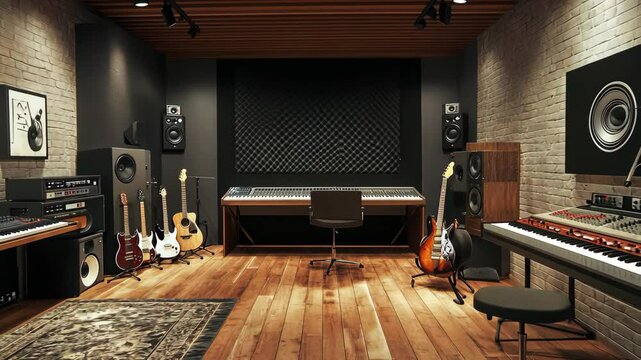 A music studio with a mix of modern and vintage instruments, including guitars, keyboards, and speakers, ready for a recording session