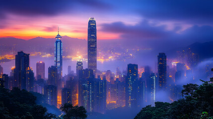Fototapeta premium Vibrant city skyline at dusk with illuminated skyscrapers and mist.