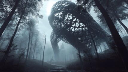 Obraz premium A Giant, Geometric Structure Looms Over a Misty Forest Path