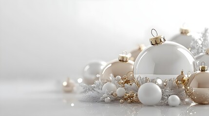 Festive white and gold Christmas ornaments and baubles. Empty glass snow ball isolated on white background
