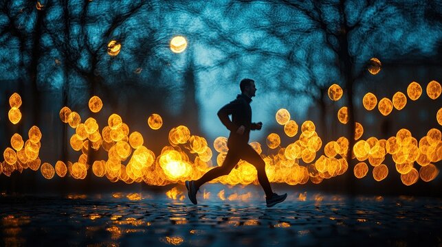 Silhouette Runner Through City Lights