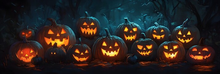 Illustration of illuminated carved pumpkins with different evil faces in darkness at Halloween night