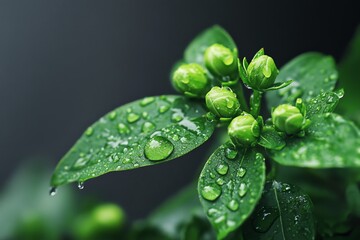 Fototapeta premium Close-up of fresh green leaves with water droplets, showcasing nature's beauty and vitality in a serene atmosphere.