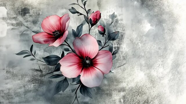 A close-up of pink flowers with dark gray leaves on a gray background