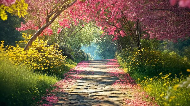 A stone path winds through a vibrant garden, framed by blooming pink trees and yellow flowers
