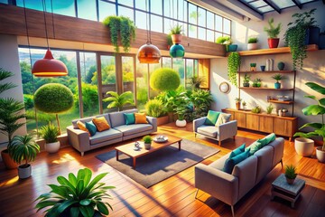 Fototapeta premium Clean Home Vibes - Serene Digital Illustration of a Spotless Interior with Drone Perspective, Bright Colors, and Inviting Atmosphere