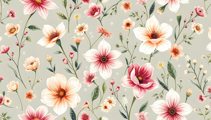 Abstract seamless floral pattern painted flowers and herbs. Beautiful print for your decor and textile design. Sketching with paints on paper delicate light flying flowers isolated with white highli