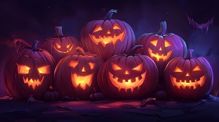 Illustration of illuminated carved pumpkins with different evil faces in darkness at Halloween night