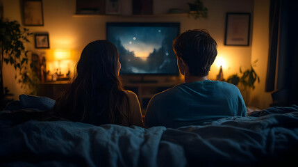 Naklejka premium A couple watching a movie together in a cozy living room.