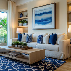 Elegant Coastal Living Room Mockup for Wall Art Display: Blue and Neutral Decor.