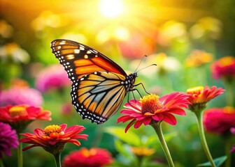 Obraz premium A colorful butterfly elegantly sits on a radiant flower in a thriving green garden, basking in the sunshine on a delightful spring afternoon.