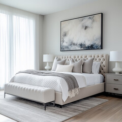 Elegant Neutral Bedroom Mockup for Wall Art Display: Cozy and Contemporary Design.