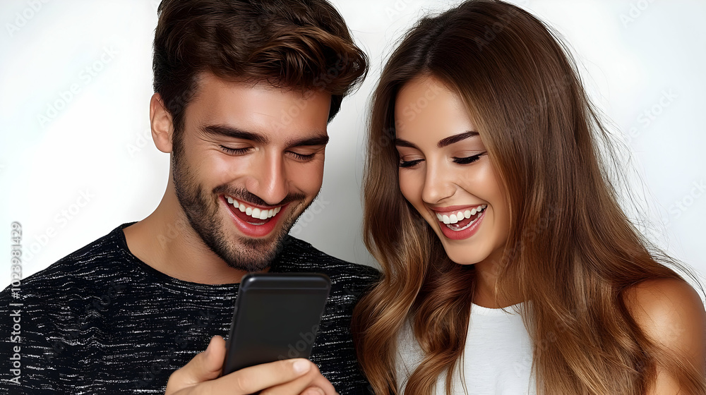 Poster Two smiling individuals enjoying a moment while looking at a phone.