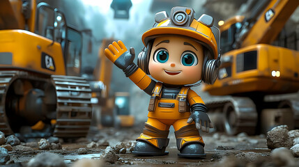 Fototapeta premium A cheerful cartoon character in construction gear waves at the viewer.