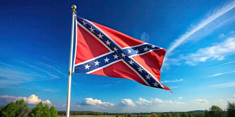 Fototapeta premium A Confederate flag billows in the wind against a bright blue sky, set in a tranquil rural landscape, evoking deep historical reflections and sentiments.