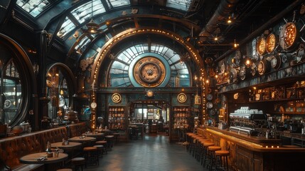 Obraz premium A steampunk-inspired bar interior with intricate clockwork details, wooden booths, and a long bar.
