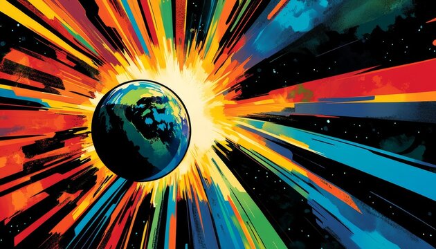 Vibrant comic-style artwork showcasing dynamic characters and bold colors, capturing an energetic and imaginative scene filled with action.