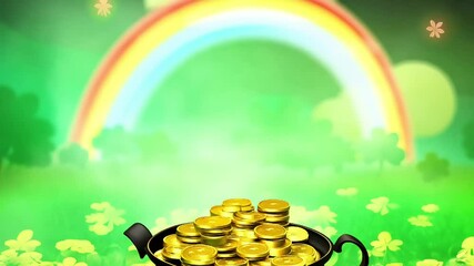 A pot of gold coins at the end of a vibrant rainbow over a green field with shamrocks, symbolizing St. Patrick's Day luck and folklore