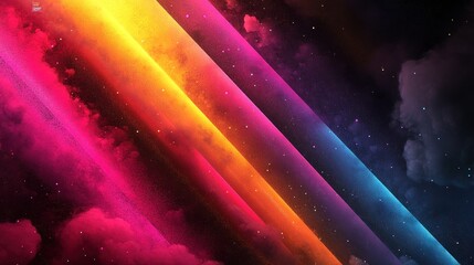 Abstract background with diagonal lines of pink, orange, and blue light on a dark background with white clouds and glitter.