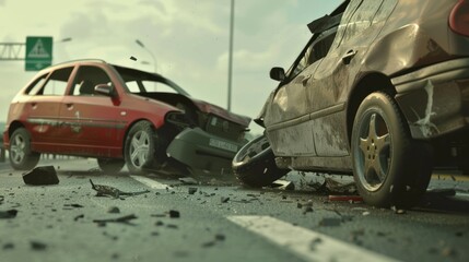 Two damaged cars after collision on highway. Car crash concept for insurance, accident, and safety awareness.