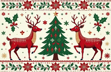 Motif Christmas ethnic handmade beautiful Ikat art. Xmas background. folk embroidery Christmas pattern, Ikat art ornament print. red,green colors. Reindeer, christmas tree,Mistletoe, poinsettia design