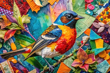 Colorful Abstract Mixed Media Collage with Bird Illustrations and Torn Newspaper Clippings for Vibrant Visuals