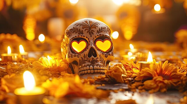 Colorful sugar skull with heart eyes surrounded by marigolds and candles, celebrating Dia de los Muertos in a warm ambiance. - Powered by Adobe