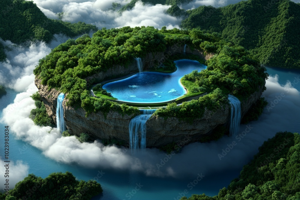 Poster a futuristic floating island in the sky, with waterfalls flowing into clouds and lush forests sustai