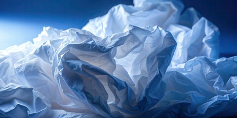 Obraz premium A detailed view of crumpled white tissue paper reveals its soft, delicate texture, showcasing intricate folds and wrinkles that enhance its understated beauty.