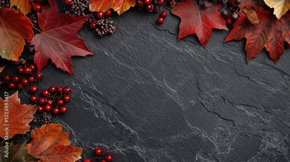 Wall mural Autumn background with maple leaves and berries on a dark slate surface flat lay design with empty space for text