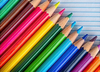 Fototapeta premium Colorful Pencils on Lined Paper - Back to School Supplies Photography