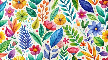 Adorable watercolor pattern with seamless cute leaves and flowers, suitable for creative projects. This charming design adds an enchanting touch to any artistic endeavor.