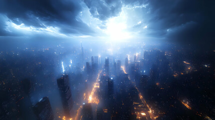Obraz premium A dramatic cityscape illuminated by blue light and stormy skies.