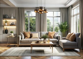 Fototapeta premium Contemporary Living Room with Grey Sofa and Beige Commode - Modern Interior Design Photography
