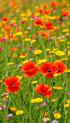 Obraz premium Colorful wildflower meadow with red poppies and yellow flowers in full bloom. Vibrant wildflowers are blooming in summer field with green grass. Beautiful natural background isolated with white high