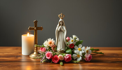 Assumption of Mary day, 15th august date. Miniature figurine of the Virgin Mary, cross, candle, floral bouquet for herbal consecrated on wooden table. Christianity religion ritual. top view isolated