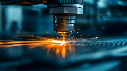 Laser cutting metal with sparks in an industrial setting.