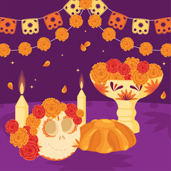 Dia de los Muertos altar with marigolds and sugar skulls Vector