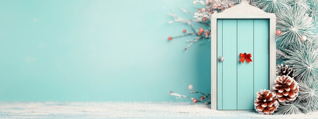 A holiday advent calendar clipart, Christmas countdown element, 3D rendering, festive doors, isolated on topaz blue background