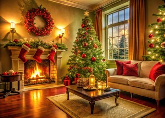 Cozy Living Room with Christmas Tree in Rule of Thirds Composition for Holiday Decor Inspiration