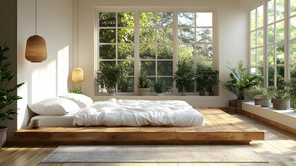 Bedroom Design: Minimalist Platform Bed with Natural Light and Greenery