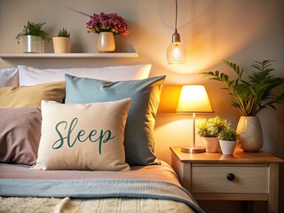 Cozy Style Design with Colorful Sleep Text on Pillows for Relaxation and Comfort in Minimalist Photography