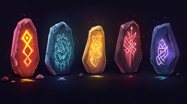 A set of ancient runes stones glowing with mystical energy, perfect for puzzles or story elements in a game or animation. Viking Rune Stones. Illustration