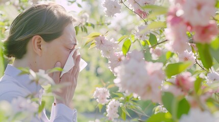 Fototapeta premium A person sneezing into a tissue surrounded by blooming flowers and green leaves. Allergy season. hay fever,pollen allergy,spring,summer,seasonal, sneeze
