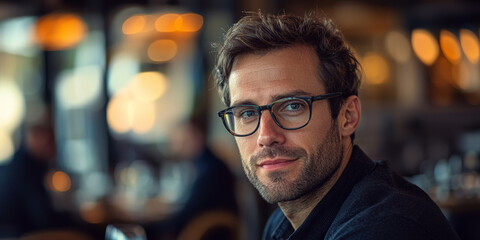 Fototapeta premium Portrait of a handsome businessman wearing glasses in a restaurant, generative AI