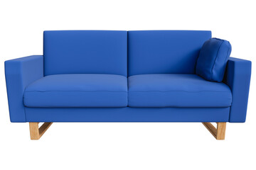 Realistic blue sofa, illustration, 3D render, decorated in a minimalist style, interior separated from background-clipping path