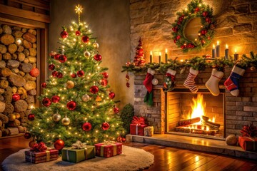 Fototapeta premium Aerial View of a Cozy Christmas Tree by the Fireplace for the Holiday Season