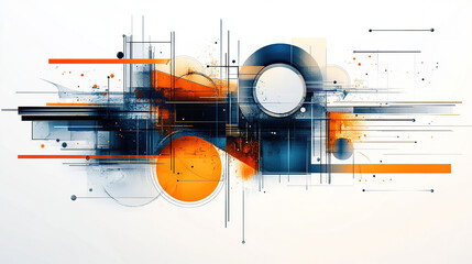 Obraz premium Abstract composition of blue, orange, and white shapes, lines, and circles. Digital illustration with a white background