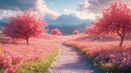 A winding path leads through a field of pink blossoms towards snow-capped mountains, the sun shines brightly on the idyllic scene.